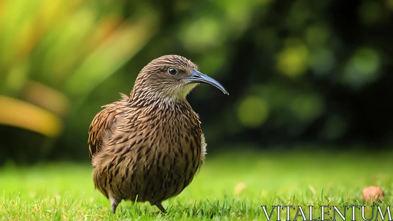 Brown streaked bird on green grass, nature photography style.