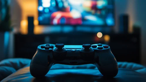 Game controller rests in cinematic low-key ambient lighting