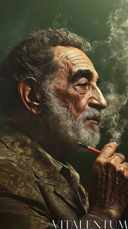 Weathered thinker exhales quiet stories into curling smoke