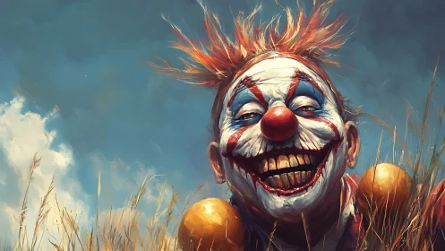 Clown portrait with exaggerated grin in rural grass field.