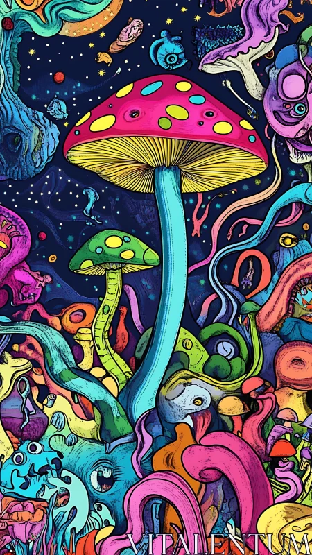 Psychedelic neon mushrooms in surreal cosmic garden.