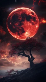Red moon dominates sky above twisted tree on rocky coast