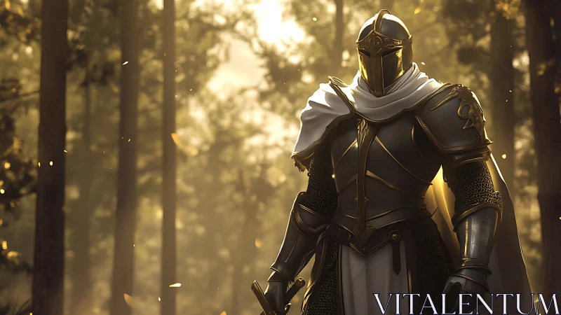 Armored knight in sunlit forest with white cloak and sword.