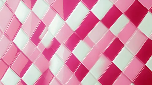 Pink and white glossy tiles form a dynamic geometric grid.