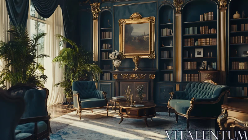 Neoclassical reading salon renders tufted seating, gilt molding