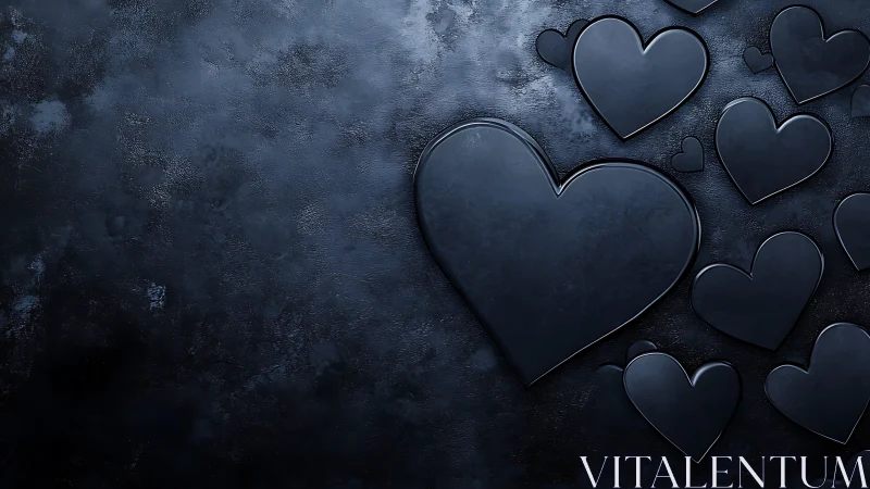 Dark metallic hearts arranged on textured slate surface