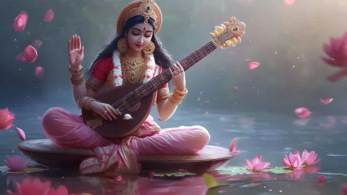 Divine veena player on lotus raft in misty reflective water
