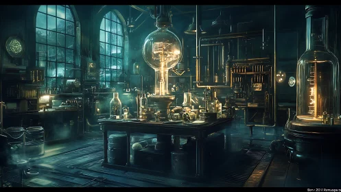 Dimly lit laboratory interior shows complex glass apparatus