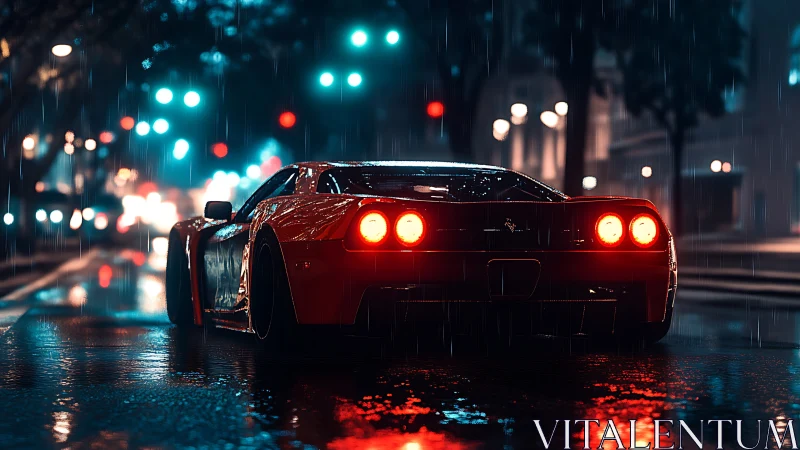 Rain-soaked supercar glows under neon city lights at night.
