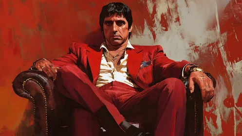 Male figure in red suit seated on leather armchair, frontal.