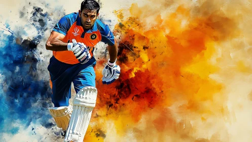 Cricketer in batting gear moves forward against abstract colors