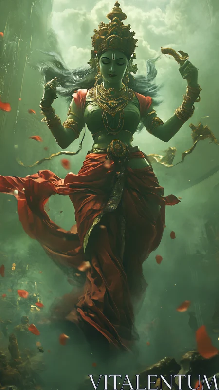 Graceful green goddess rising in swirling sacred mist.