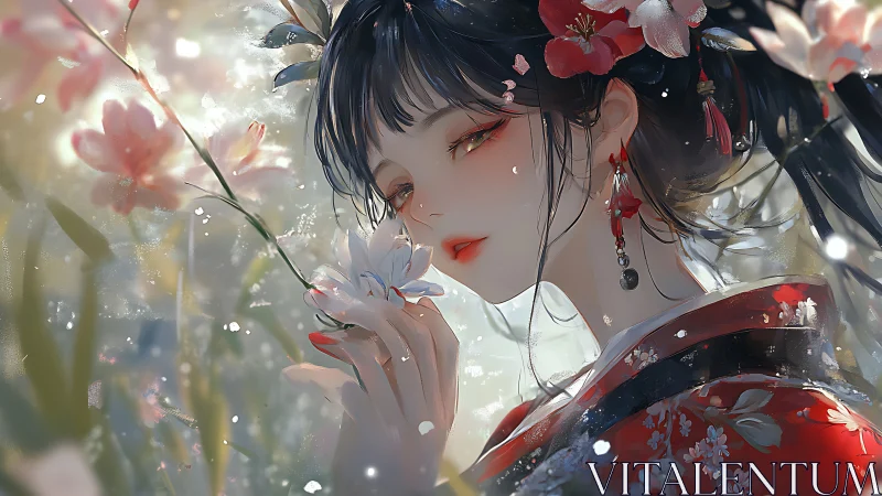 Softly backlit geisha portrait with floral bokeh and layered brushwork