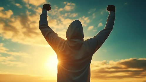 Hooded figure raises triumphant fists against glowing sunrise sky