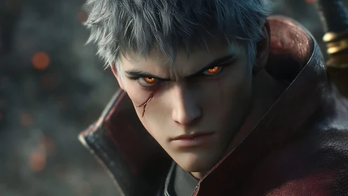 Digital portrait shows silver-haired male with glowing eyes