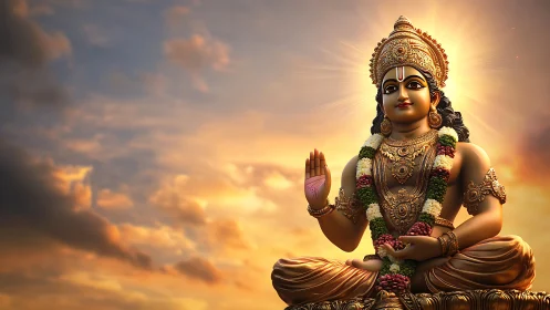 Seated Hindu deity statue with sunset sky background.