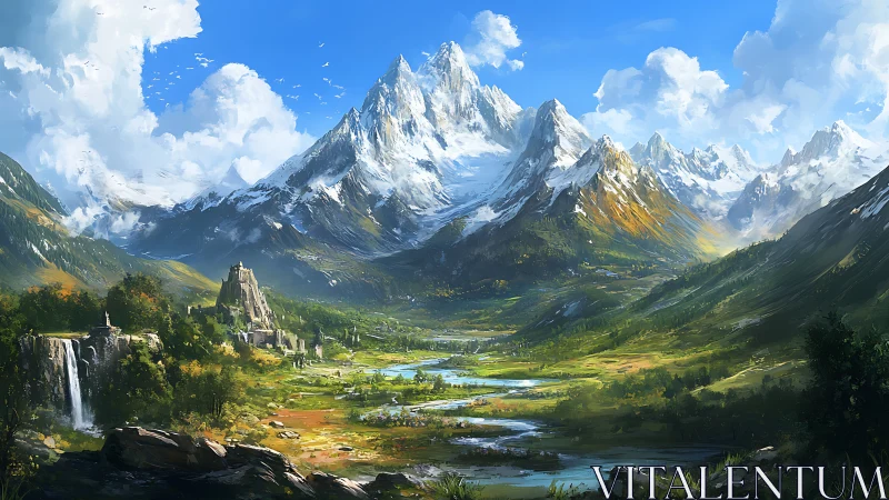 Snow-capped alpine range overlooks valley rivers and stone citadel