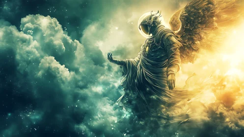 Winged astronaut figure stands in luminous cloud-filled space