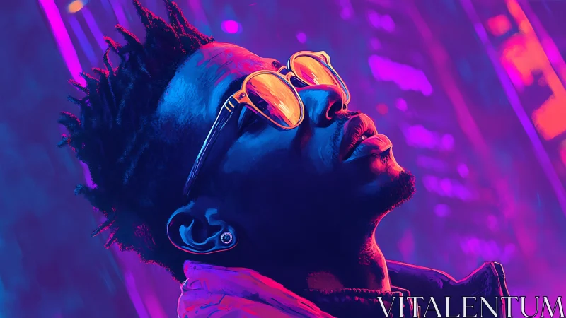 Neon portrait of man in sunglasses facing glowing city lights.