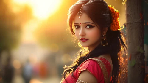 Elegant Indian woman in traditional attire, golden sunset portrait.