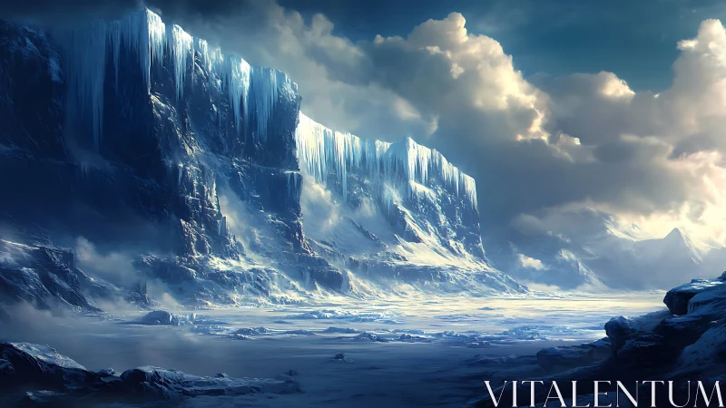 Glacial cliff face above frozen plain under dense clouds.