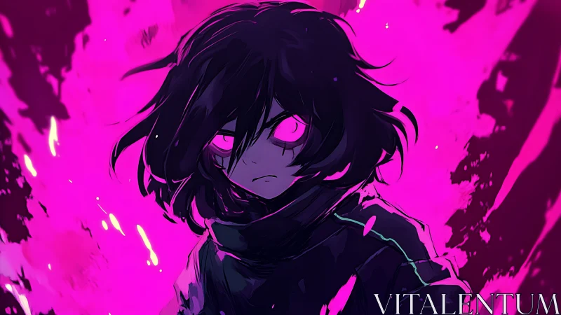 Dark haired figure glows inside intense neon magenta aura