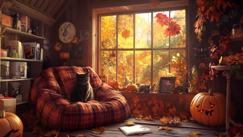 Black cat on plaid beanbag in cozy autumn attic room.