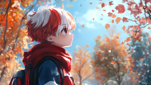 Red scarf anime boy observing drifting autumn maple leaves