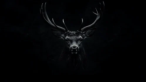 Midnight stag portrait glowing from the forest shadows.