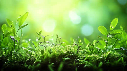 Fresh green seedlings in morning sunlight, macro nature photography.
