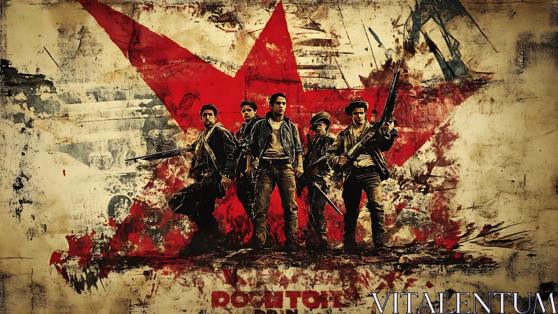 Militia squad stands before distressed red star backdrop.