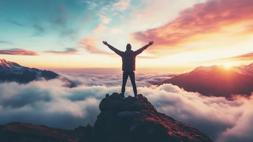 Hiker celebrates sunrise triumph above glowing cloud sea