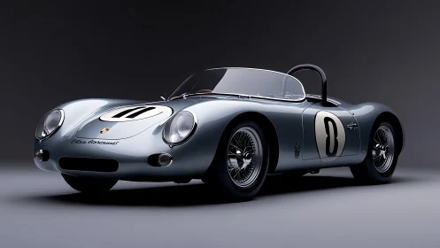 Vintage silver race roadster showcases timeless Porsche elegance.