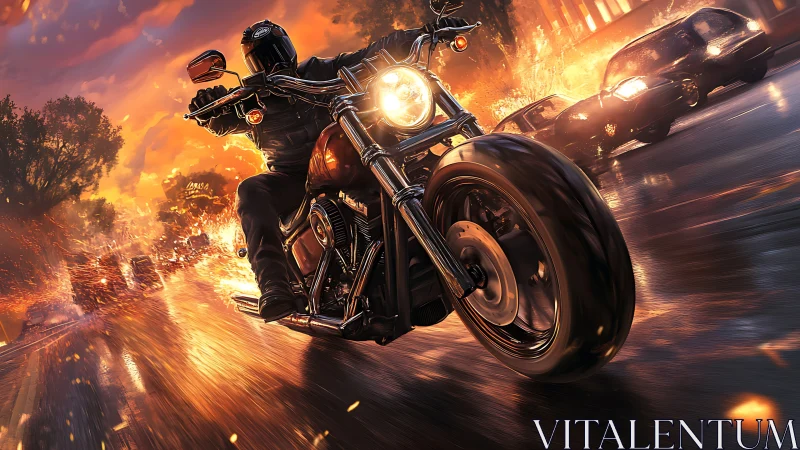 Midnight rider charging through fiery neon rainstorm.