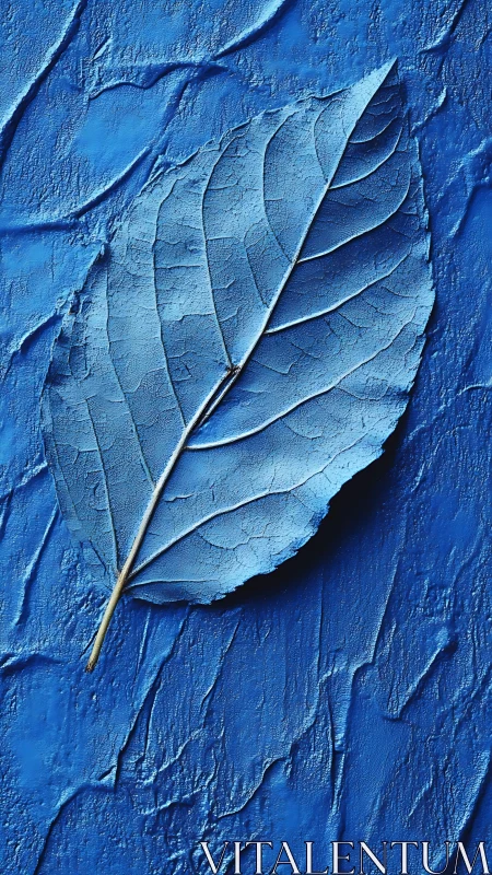 Monochrome leaf quietly sketches rivers across cobalt tides