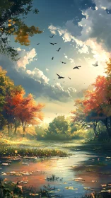 Golden autumn river glows beneath soaring birds at dusk.