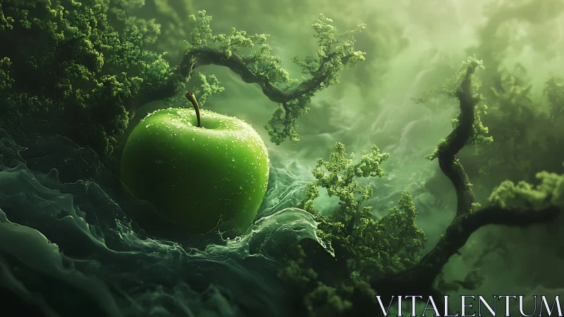 Specular green apple in misted fractal forest microverse.