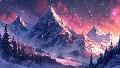 Snowfall crowns violet mountains in a cosmic winter dusk