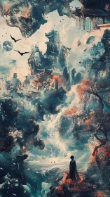 Solitary wanderer before ethereal cascading sky temples.