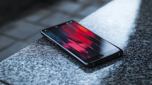 Smartphone on concrete surface displaying colorful gradient wallpaper