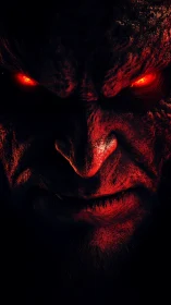 Demonic red face glows with molten eyes in darkness.