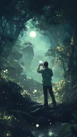 Lone explorer photographs luminous moonlit forest path