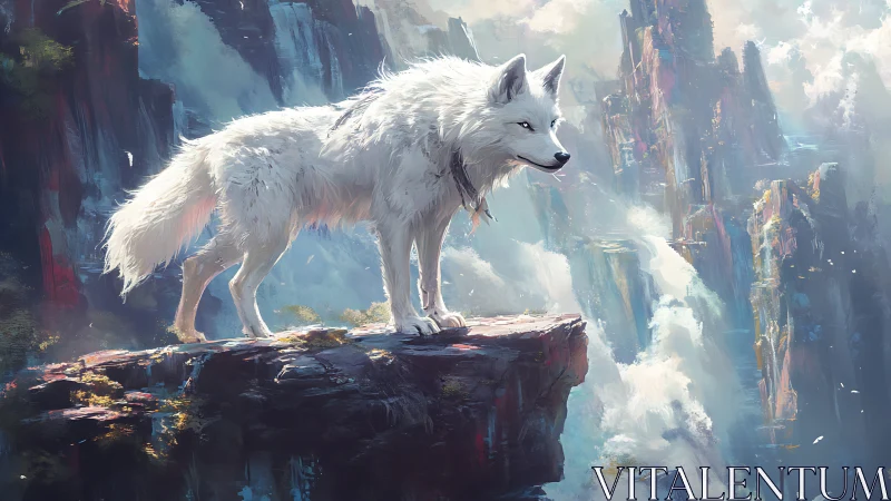 Majestic white wolf stands guard above misty cliffs.