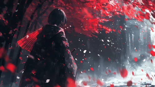 Anime samurai figure under crimson foliage in dynamic snowfall.