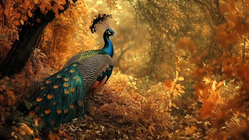 Peacock standing in dense autumn foliage under warm light.