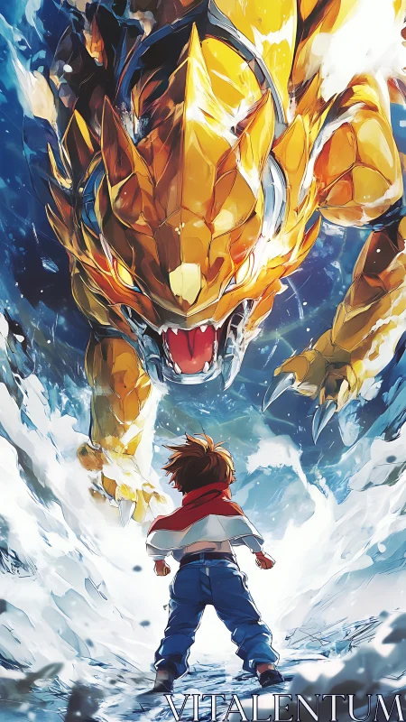 Brave kid stands tall before roaring golden dragon ally.