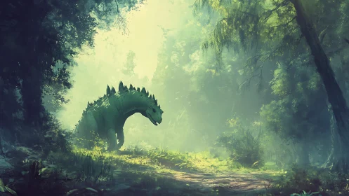 Gentle forest dinosaur pauses in a sunlit green sanctuary.