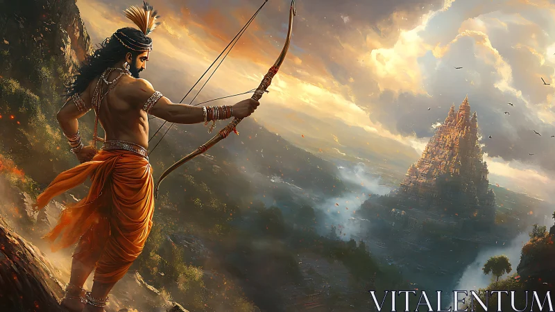 Mythic archer overlooking stormlit temple valley at dusk.