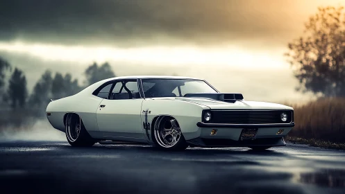 Storm-chasing muscle car idles in brooding golden mist.