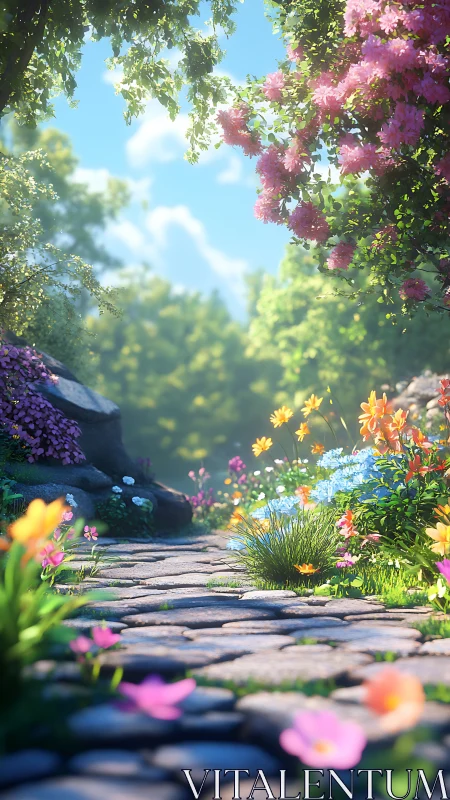 Stone path through dense garden with mixed flowering plants.